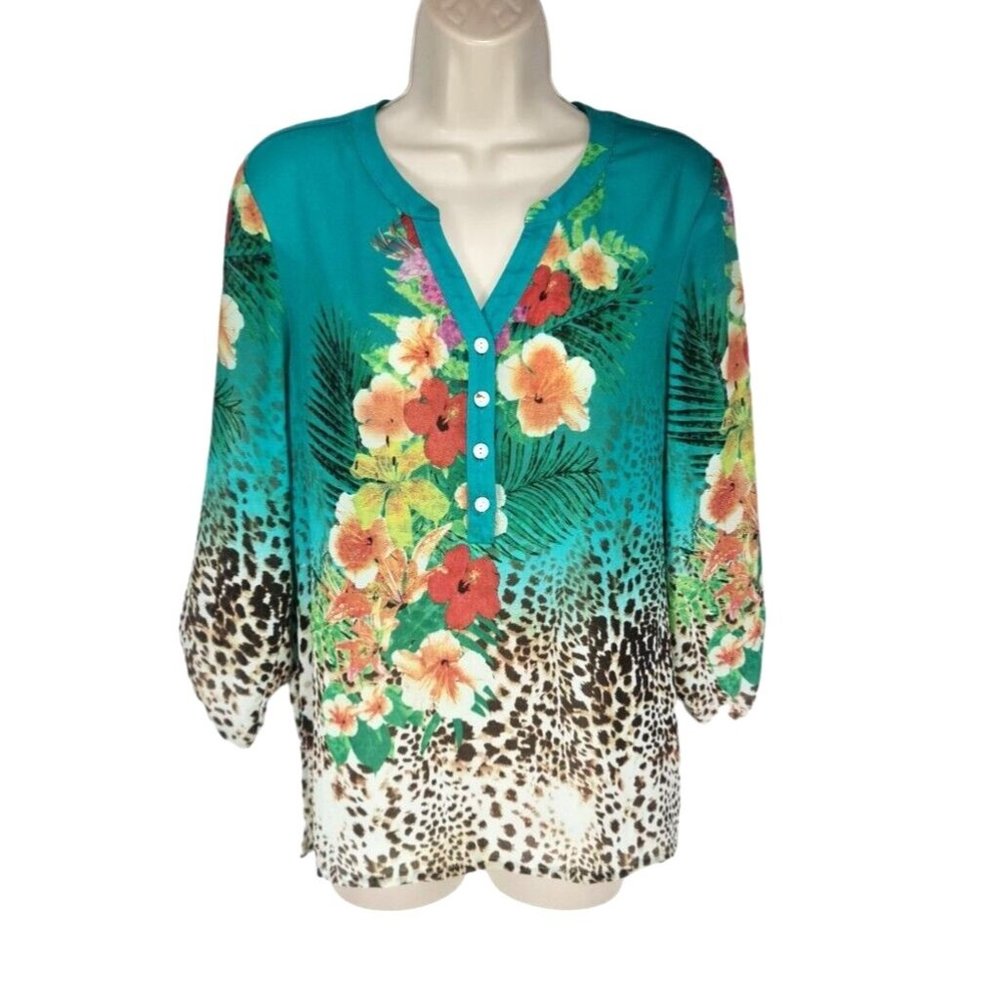 Soft Surrounding Womens 1/4 Button Up Tunic Top Size S Green Sheer Floral  E1P